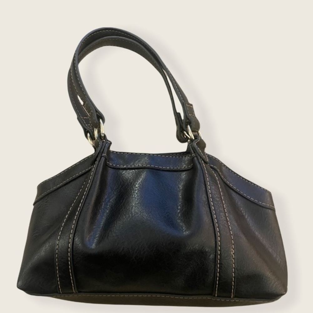 10” Small Liz Claiborne Black Faux Leather Satchel Bag w Contrast Stitching‎ - Picture 3 of 3